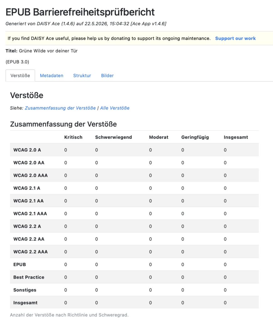 Screenshot von Ace by DAISY des Barrierefreiheitprüfberichts EPUB, 0 Verstösse oder Fehler.
