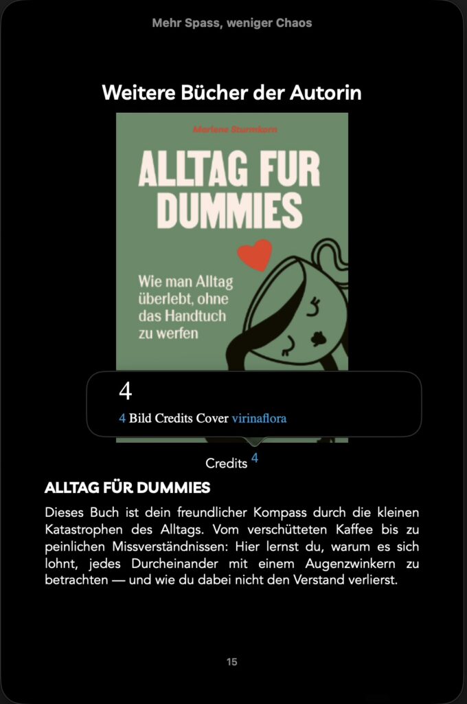 Screenshot einer Seite des E-Books, die Verlage als Ankündigung weiterer Romane verwenden. Die Seite enthält den Text: Weitere Bücher der Autorin, das Cover, ein Credit darunter als Fußnote mit Link und den Beginn des Buchklappentextes.