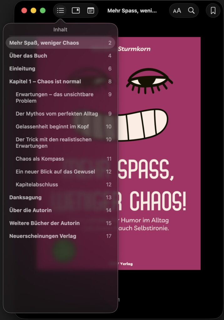 Screenshot eines Romans auf einem Tablet mit geöffneter Navigation und dem Cover im Hintergrund.