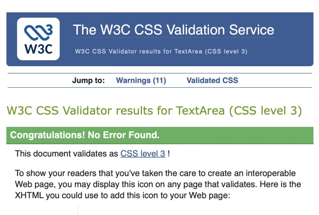 Screenshot Prüfreport CSS Validation durch W3C sagt, dass keine Fehler im Stylesheet gefunden wurden.