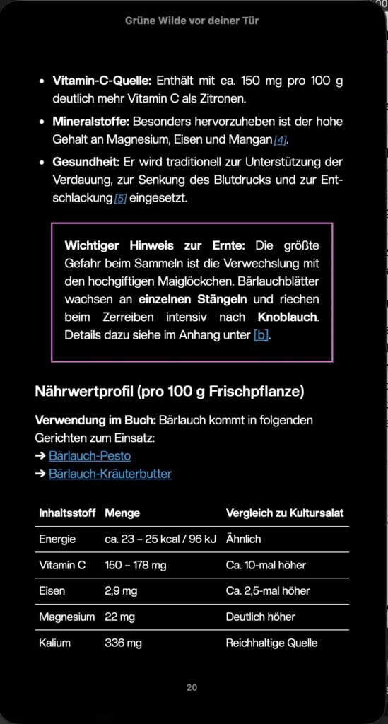 erster Screenshot einer Seite der Vorschau des EPUBs wie es auf Mobilgeräten in Apple Books aussieht. Die Vorschau enthält Listenelemente, eine gerahmte Infobox, zwei Querverweise und eine Tabelle.