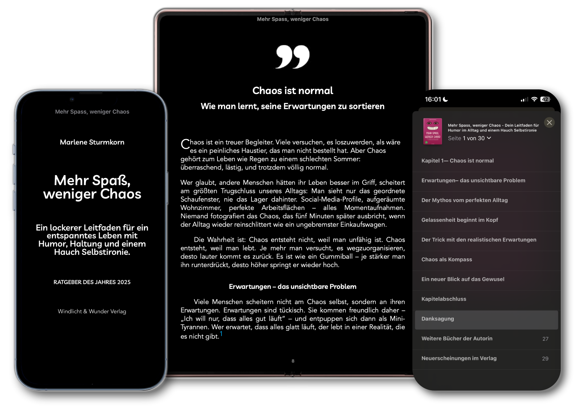 Ein EPUB-Design dargestellt auf verschiedenen Endgeräten wie einem Smartphone und einem Tablet.