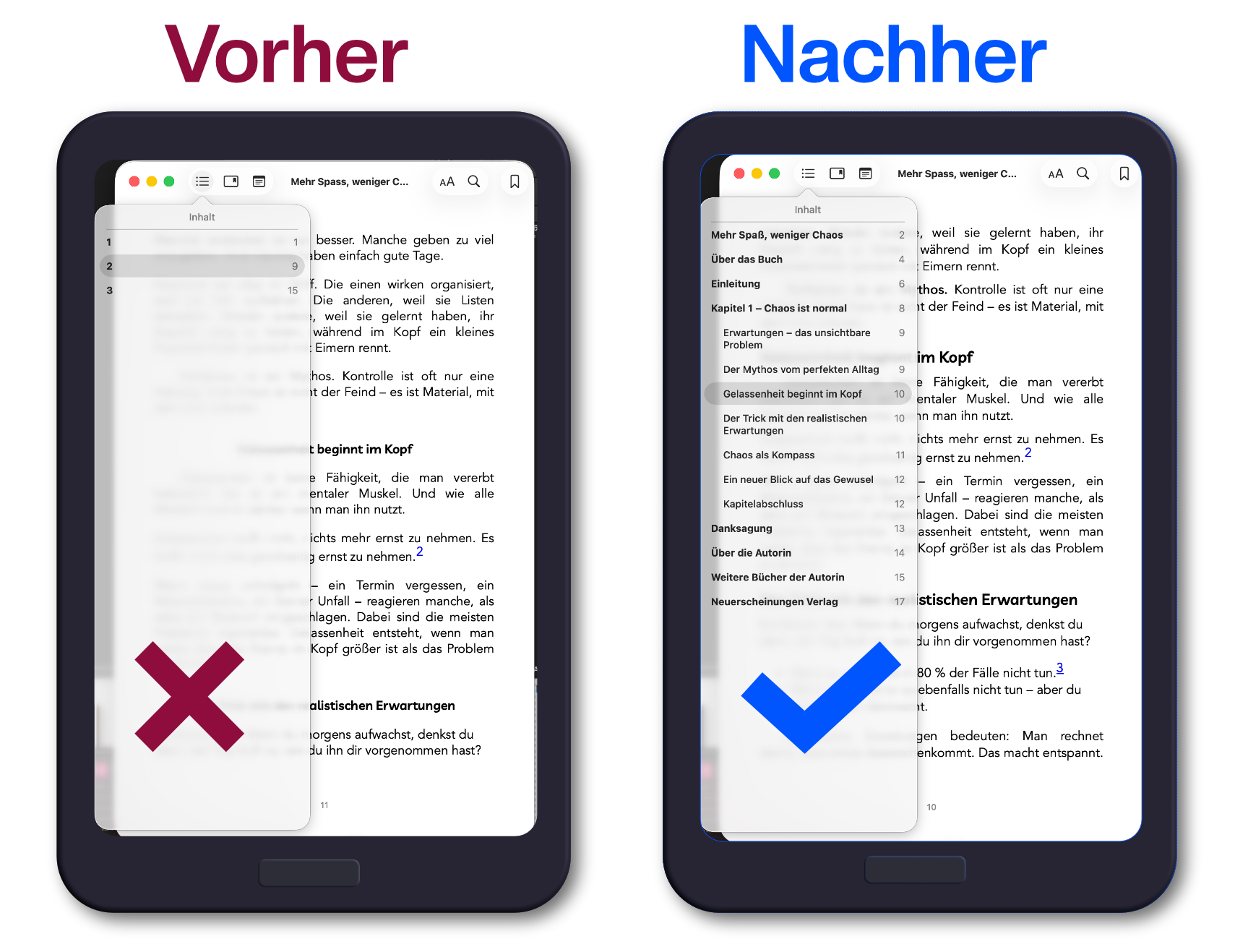 Vorher Nachher Beispiel eines E-Books auf einem Lesegerät. Das erste hat nur drei unbeschriftete Navigationspunkte. Auf dem zweiten ist die Menünavigation hierarchisch angeordnet, beschriftet und damit repariert.