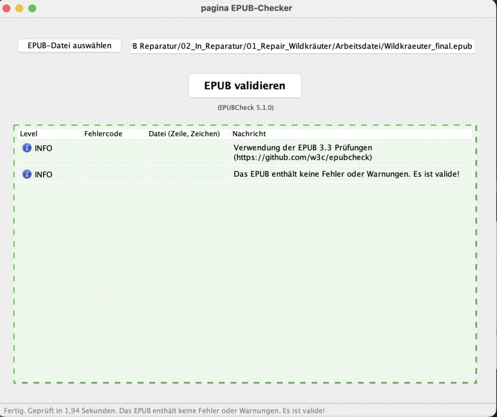 Screenshot von Pagina EPUB-Checker gibt aus, dass das EPUB 3.3 valide ist und 0 Fehler und 0 Warnungen enthält.