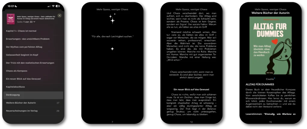 Vier nebeneinander angeordnete Screenshots der gleichen Buchseiten aus der ersten Bildreihe aus dem gleichen E-Book. Diesmal  auf Screengröße eines Smartphones.